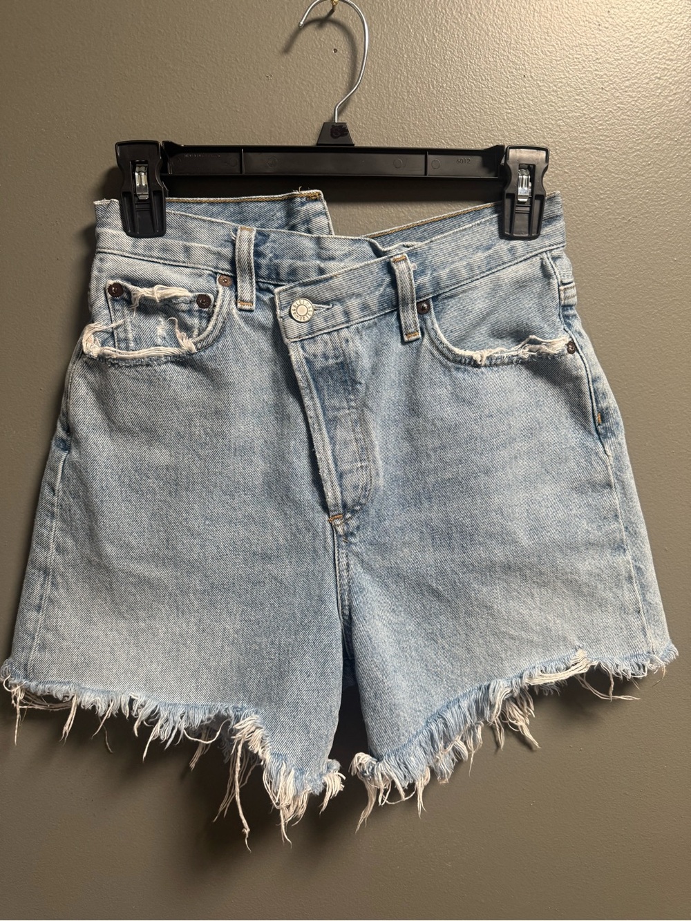 Agolde Light Blue Frayed Hem Asymmetrical Criss Cross Denim Shorts
